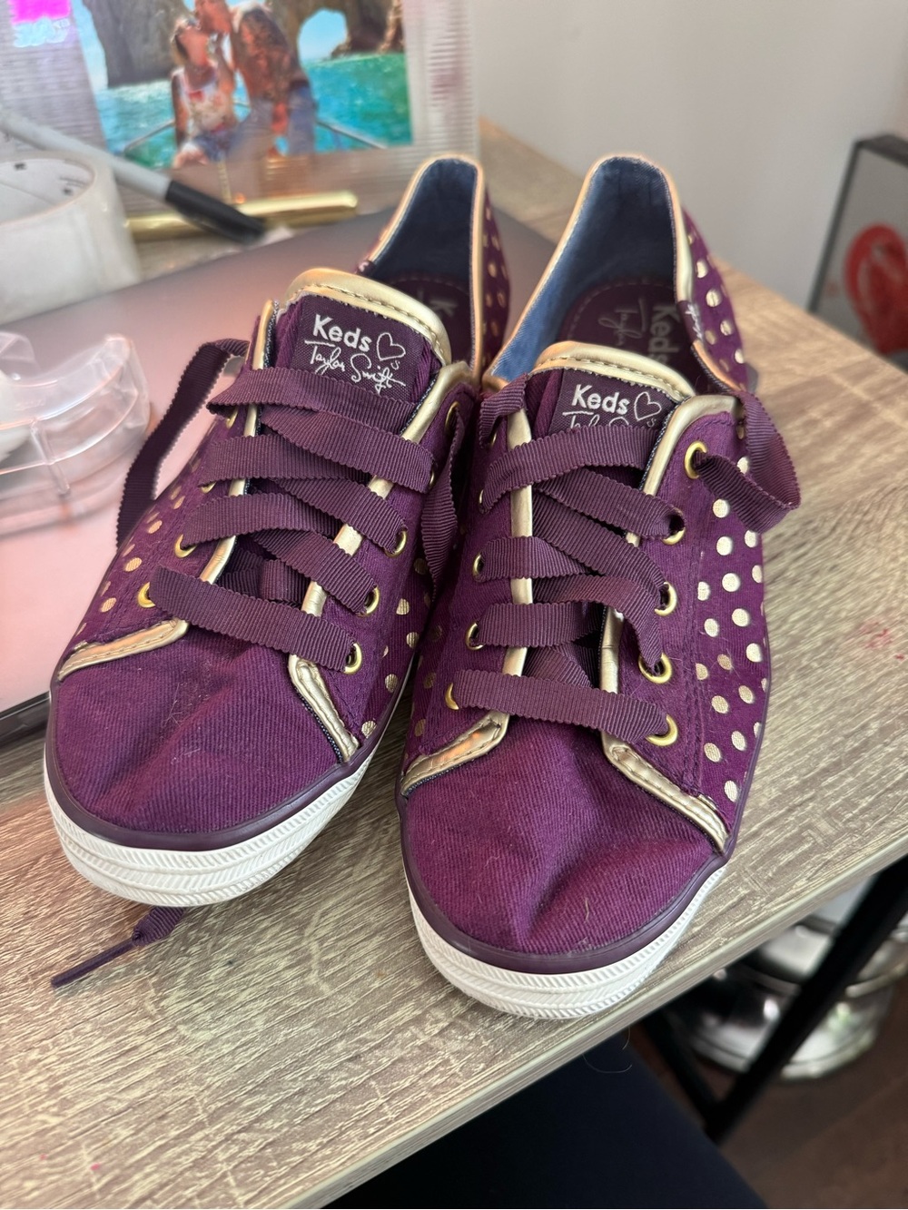 Taylor Swift Plum Canvas Sneakers with Gold Polka Dots